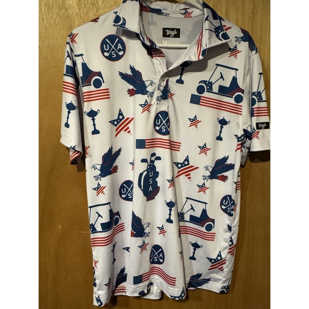 Waggle USA Shirt Men Med White All-Over Patriotic Performance Golf Polo (C1)
